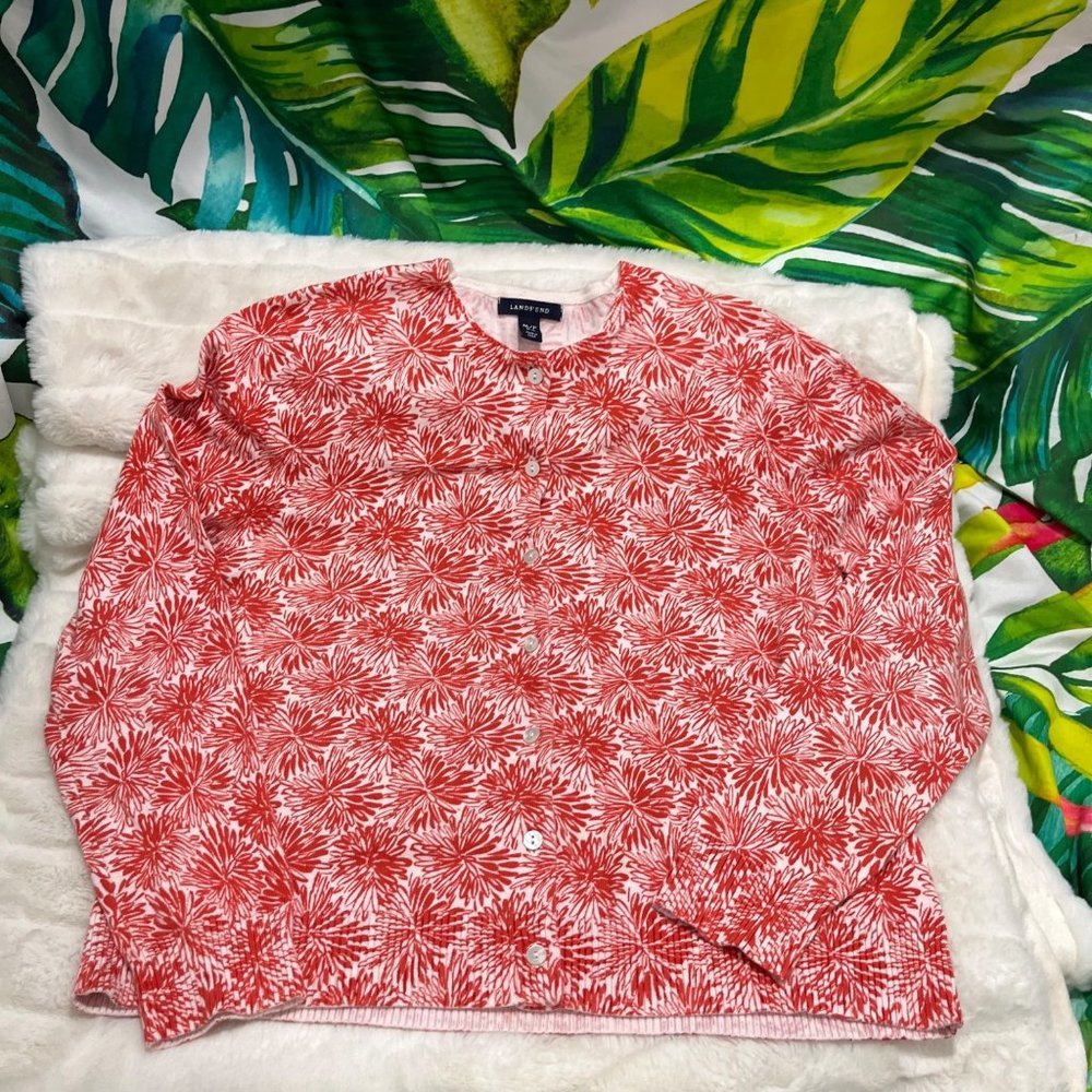 LANDS’ End 10/12 Orange Red Floral Button Down Office Preppy Crop Fall Cardigan